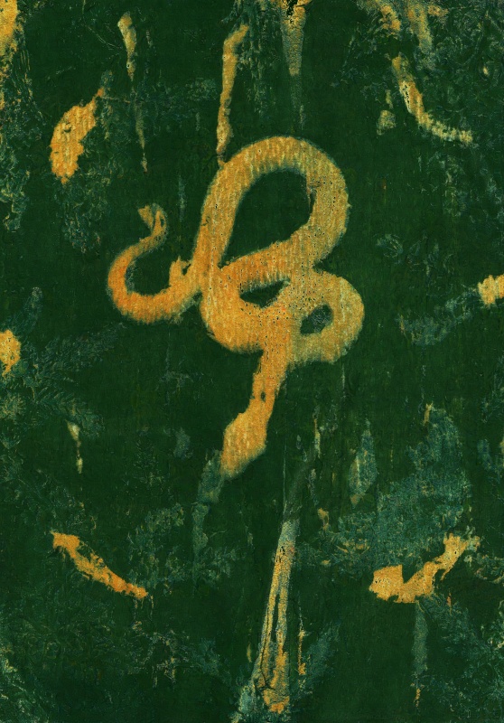 A golden snake against a distressed green background with faint plant silhouettes around the border